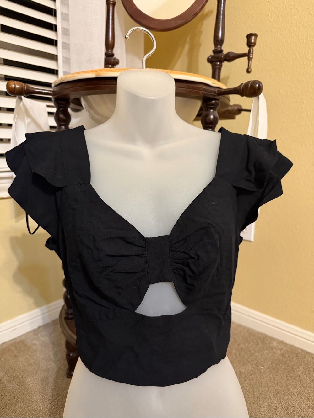Bar III Black Bow-Front Crop Top with Flutter Sleeves